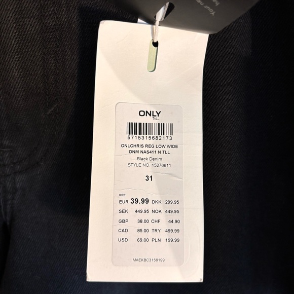 ONLY JEANS Sz 31 x 36 Tall Jeans Wide Leg 5 Pockets Black New with Tags - Picture 6 of 13